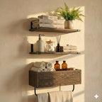 Autumn Alley Rustic Farmhouse Bathroom Shelves Wall Mounted – Industrial Floating Shelves for Bathroom With Towel Bar – Stunning Inlaid Wood Design, Above Toilet Shelves Rustic Towel Rack
