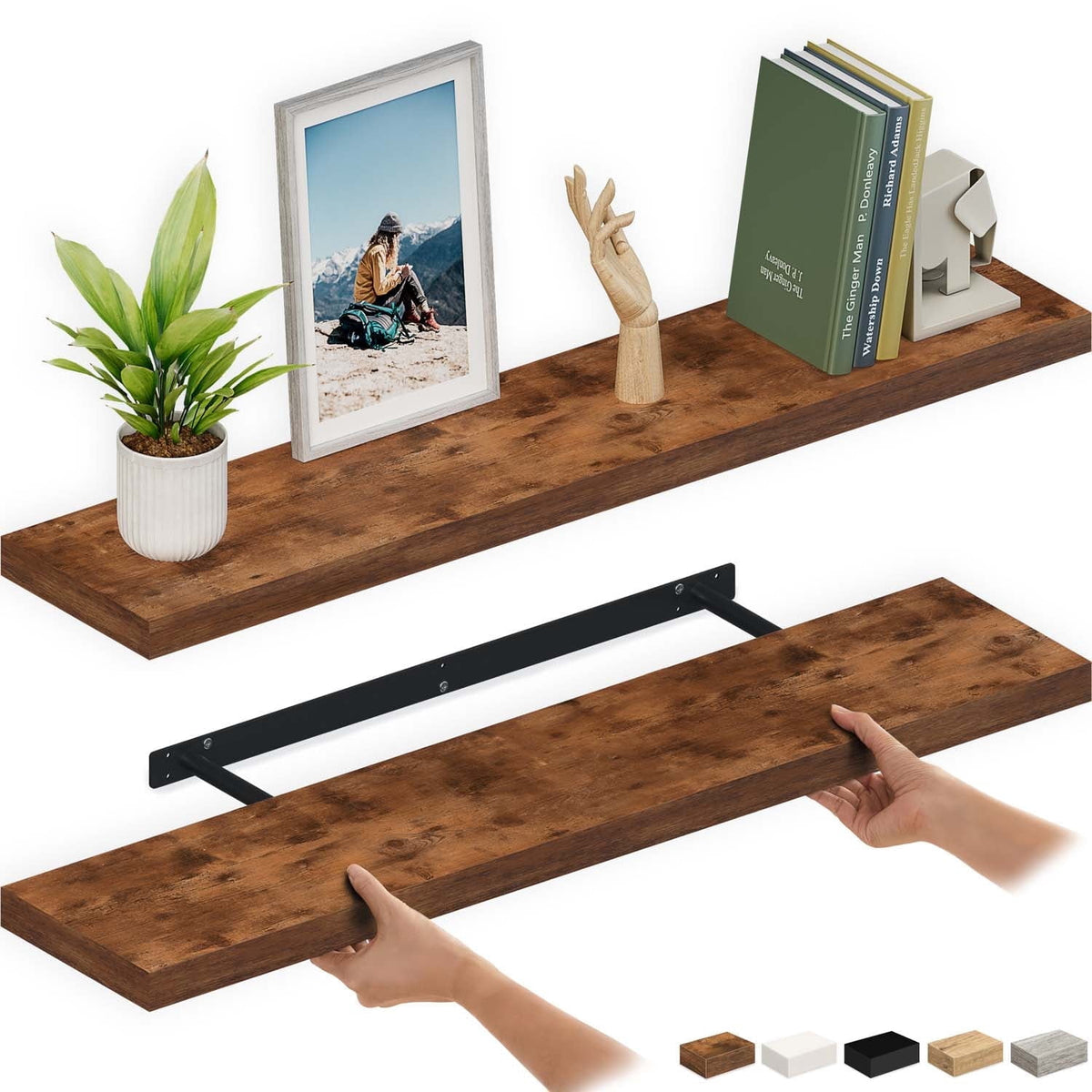 Ballucci 48 in. Floating Shelves, 2-Pack Wood Wall Shelf Set with Invisible Brackets, 8 in. Deep, Rustic Brown
