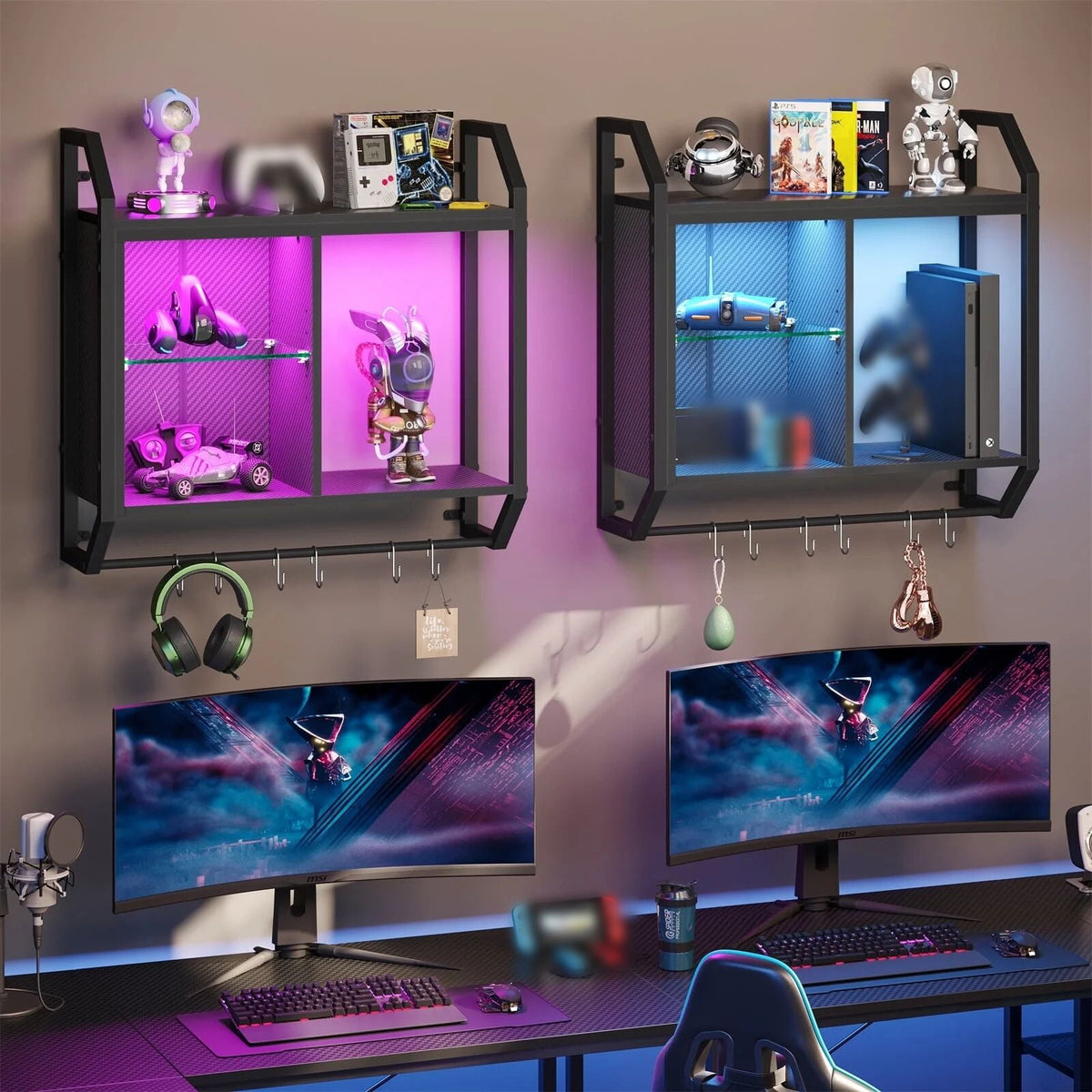 Bestier 25 in. Gaming Floating Shelves LED Wall Mounted Shelf with Adjustable Glass Shelf, Gaming Room Decor Wine Coffee Bar, Black