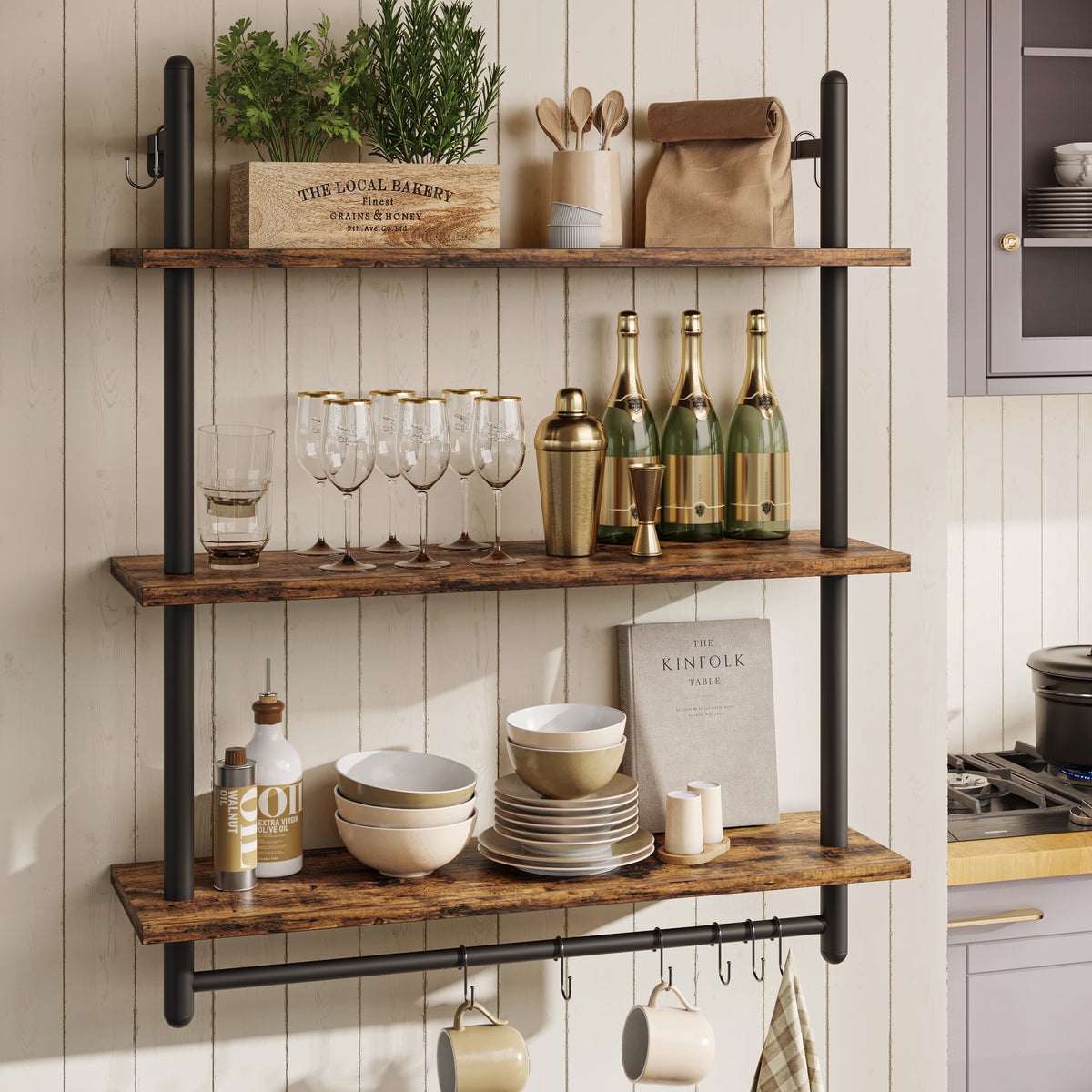 Bestier 31 in. Kitchen Wall Shelves 3-Tier Floating Shelves for Bathroom, Bedroom, Rustic Brown