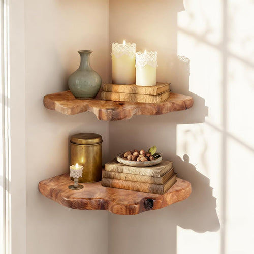 Corner Floating Shelf Set of 2, Solid Cedar Wood 10.86 x 11.5 inches Floating Corner Shelves for Bedroom, Living Room, Bathroom, Kitchen