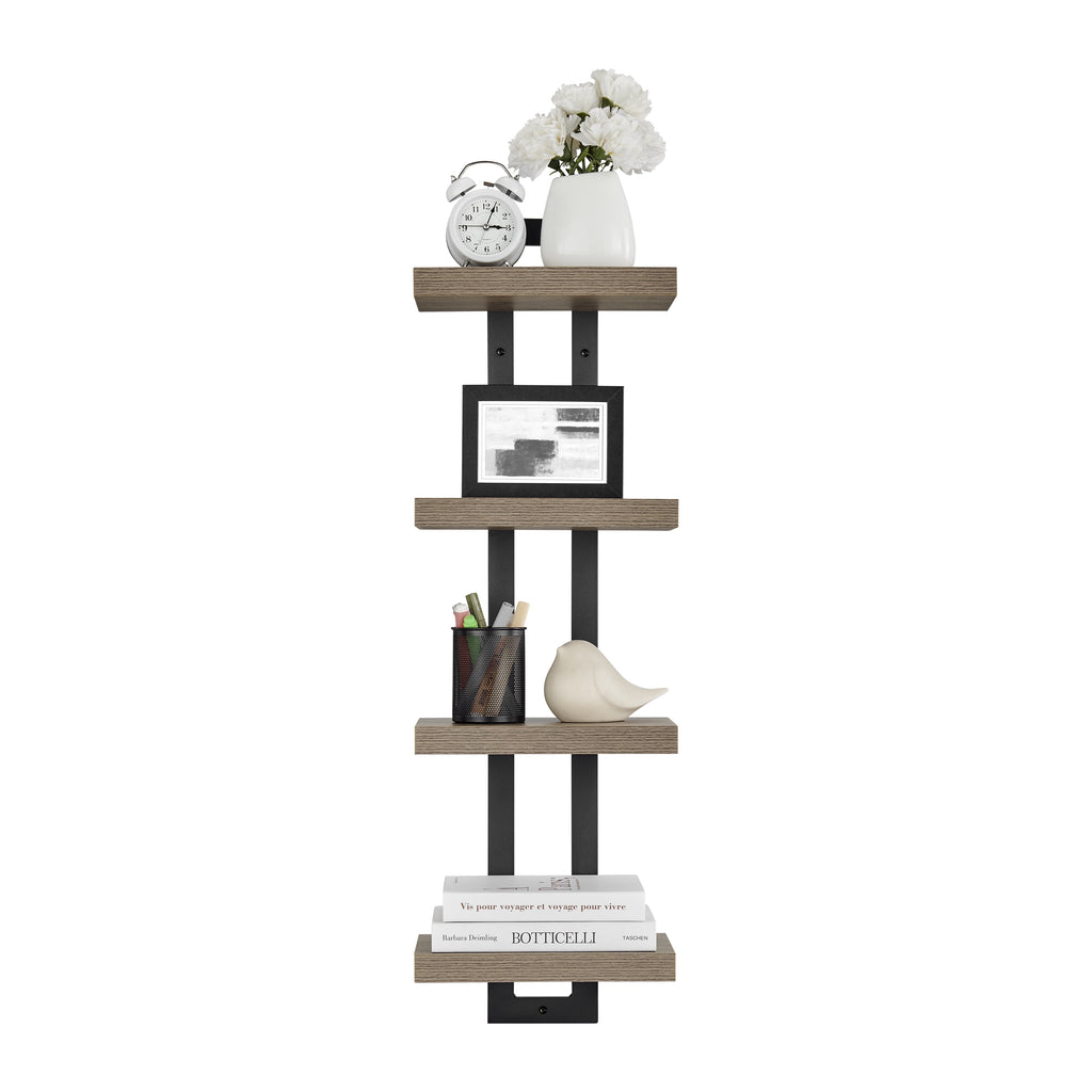 Danya B. 4-Tier Ladder Bracket Floating Wall Shelves - Black Metal and Walnut Finish