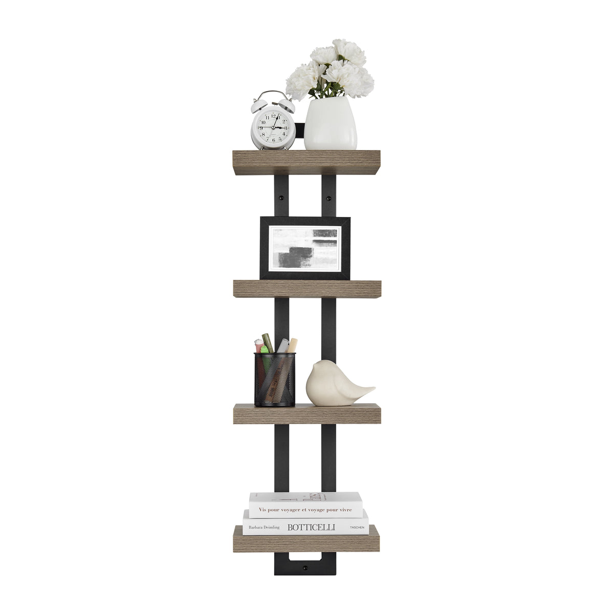 Danya B. 4-Tier Ladder Bracket Floating Wall Shelves - Black Metal and Walnut Finish