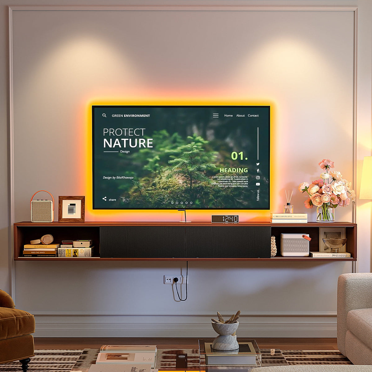 FloatiCasa 78 in. Floating TV Stand Wall Mounted Floating TV Shelf for TVs up to 78 in. Entertainment Center with Sliding Doors & Cable Management