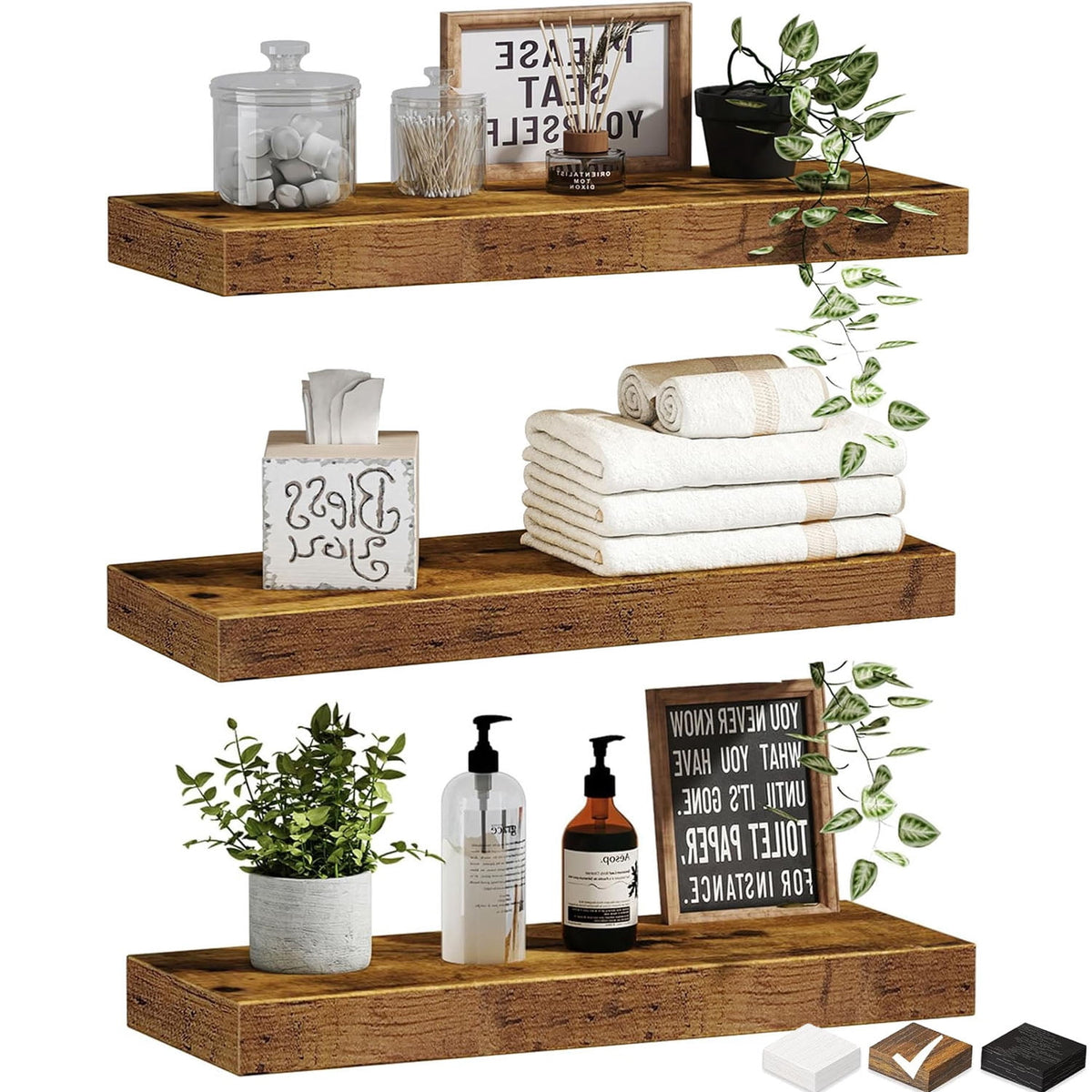 Floating Shelves for Wall, 16 in. TABGIME Wood Hanging Shelves, Holds 16.8lbs, Space-Saving for Bathroom Bedroom Kitchen(Brown, Set of 3)