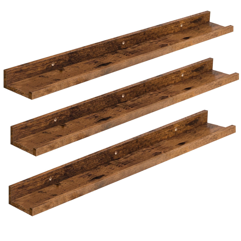 HOOBRO Set of 3 35.4-Inch Floating Wall Shelves with Raised Edge & Invisible Brackets, Rustic Brown