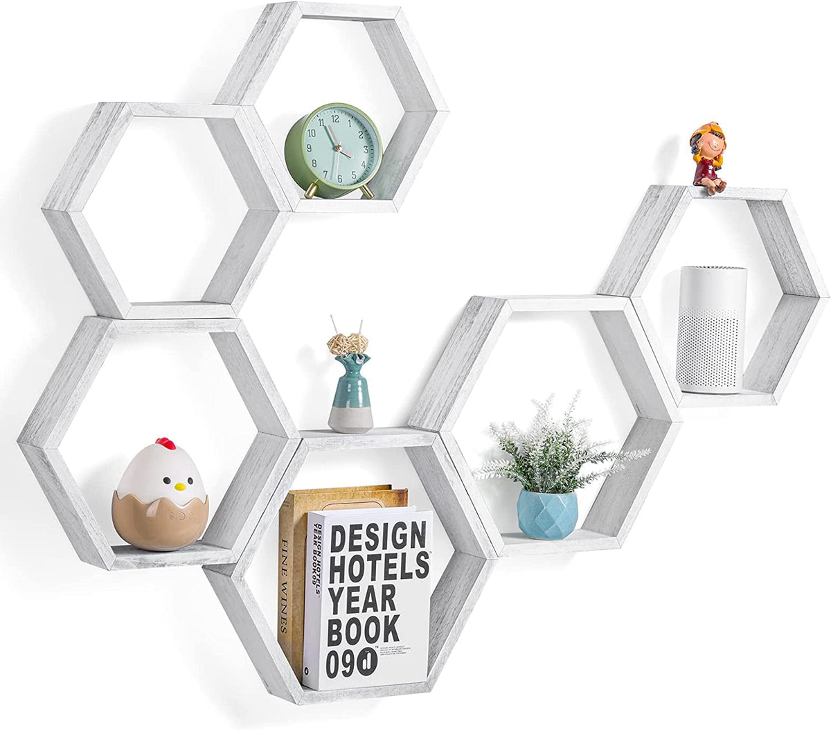 Hexagon Floating Shelves Set of 6 Honeycomb Shelves for Wall, Gray White