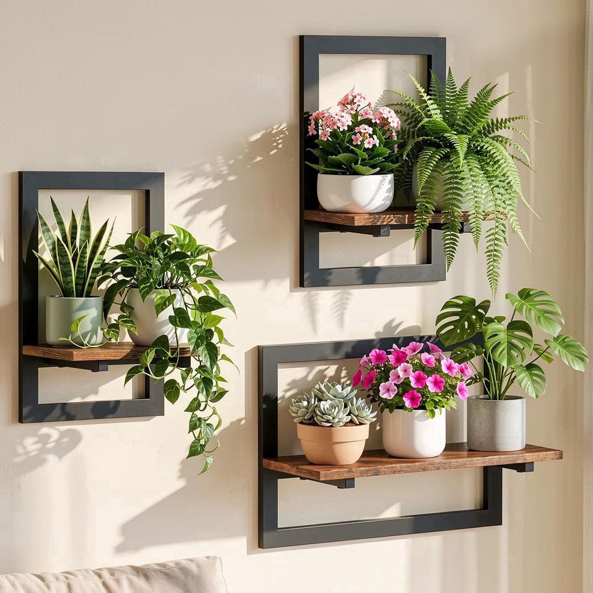 Housolution 3 Pack Floating Shelves for Wall Plant, Hanging Planter Shelf Holder for Indoor Plants, Space Saving Wall Mounted Decor for Living Room, Window, Apartment