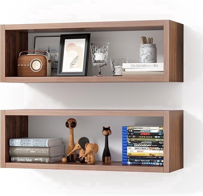 Kaboon 24 in. Floating Cube Shelves, Set of 2, Wall Mount Decorative Hanging Shelves, Dark Walnut