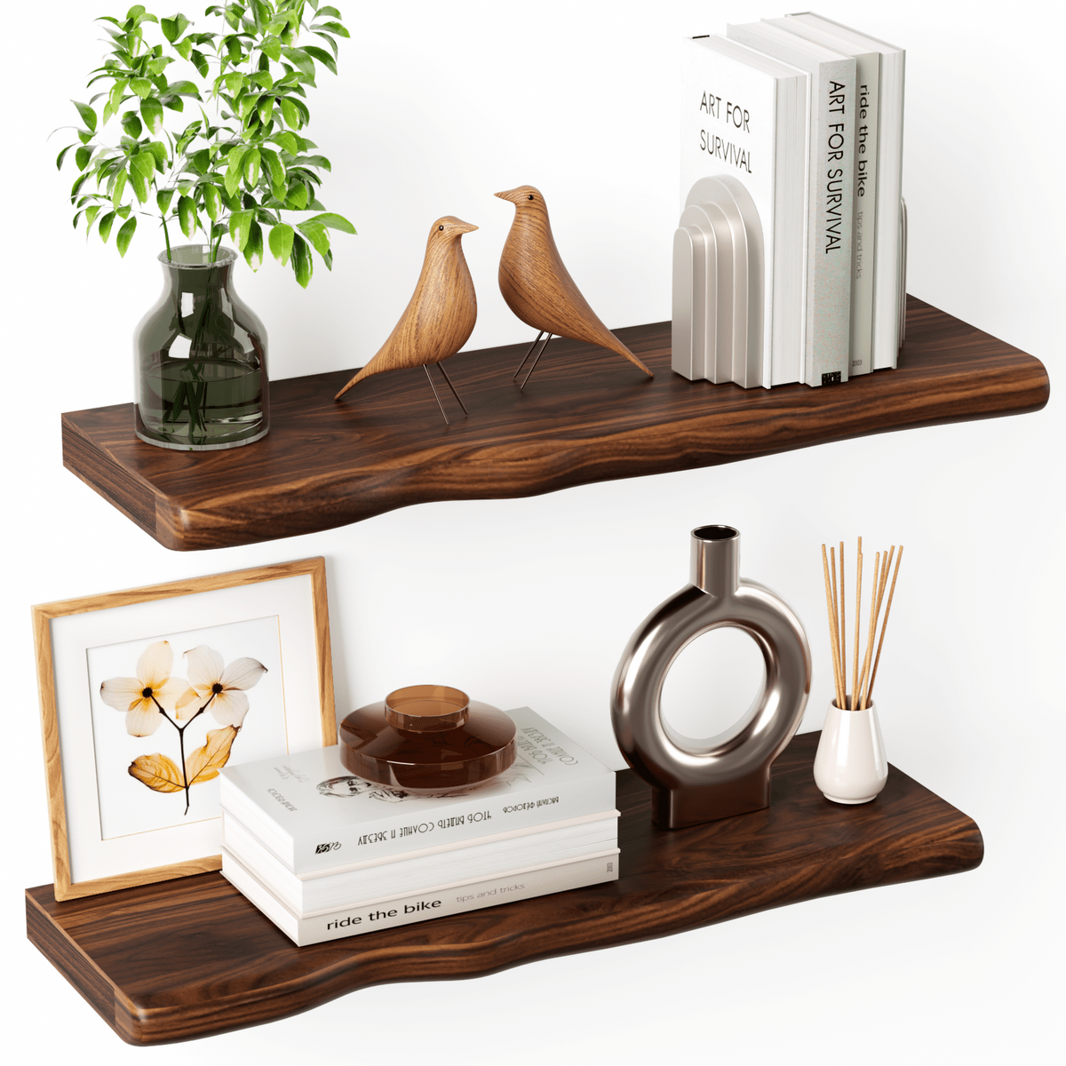Lipa 24 Inch 2 Pack Floating Shelves for Wall,Farmhouse Live Edge Shelf,Living Room Bedroom Kitchen,Walnut