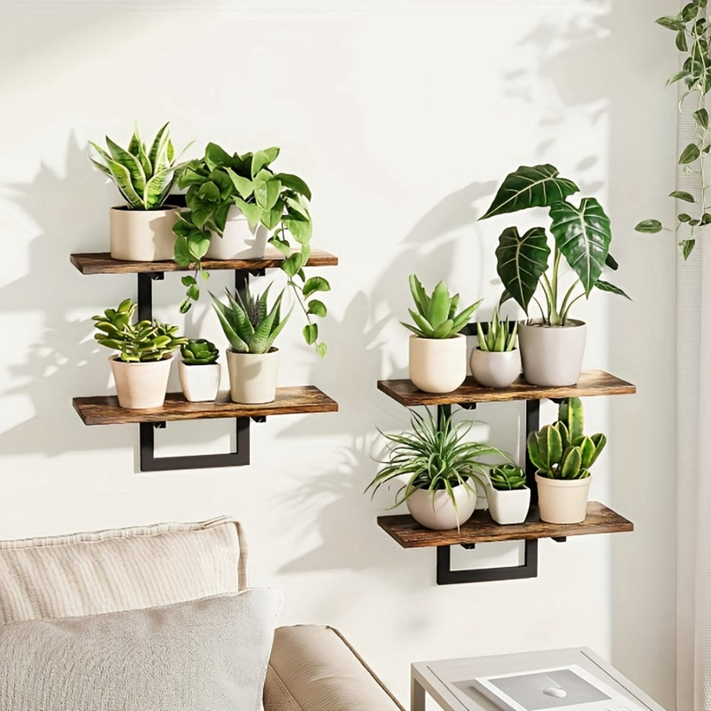 MEHOOM 2-Pack 2-Tier Floating Shelves for Wall, 15 in. Wall-Mounted Plant Shelves with Heavy-Duty Metal Frame, Rustic Brown Storage Shelves for Living Room, Bedroom, Bathroom and Kitchen