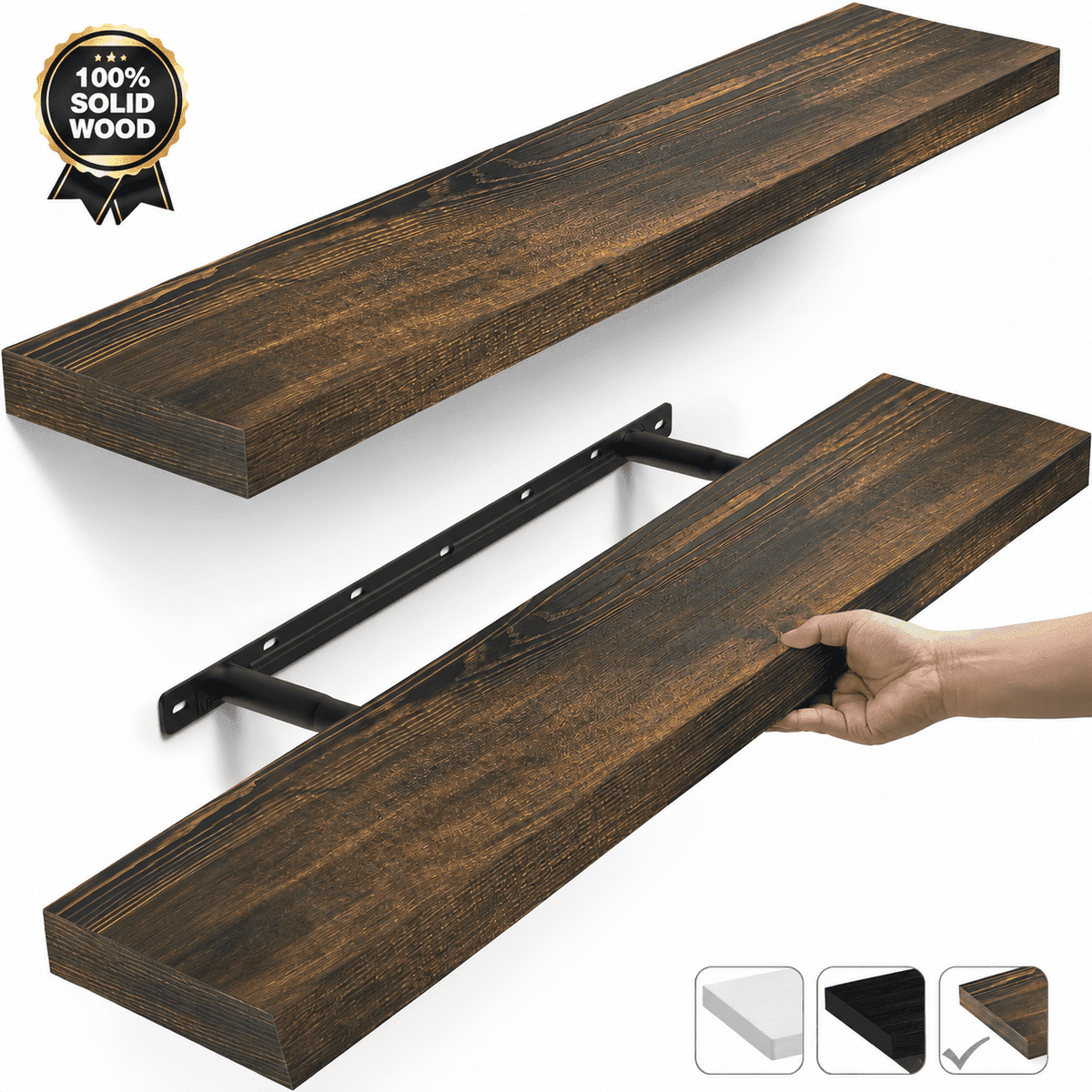 MEHOOM 36 in. Rustic Solid Wood Floating Shelves for Wall Set of 2, Brown Book Shelves,Wall Shelves for Bathroom,Bedroom,Living Room,Kitchen,Study Room, Kids Room, Farmhouse Decor