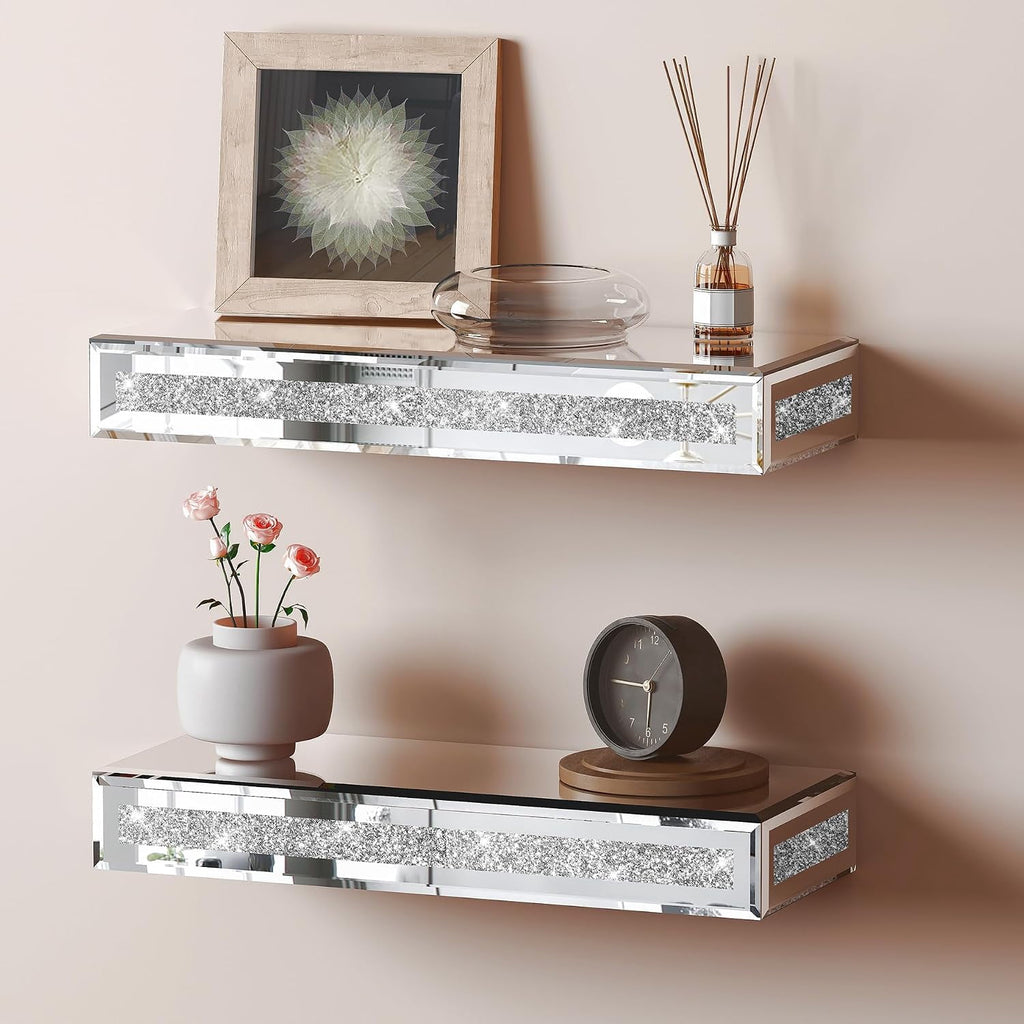 SHYFOY 15 in.x5.9 in. Glitter Glass Mirrored Floating Shelves (Set of 2)