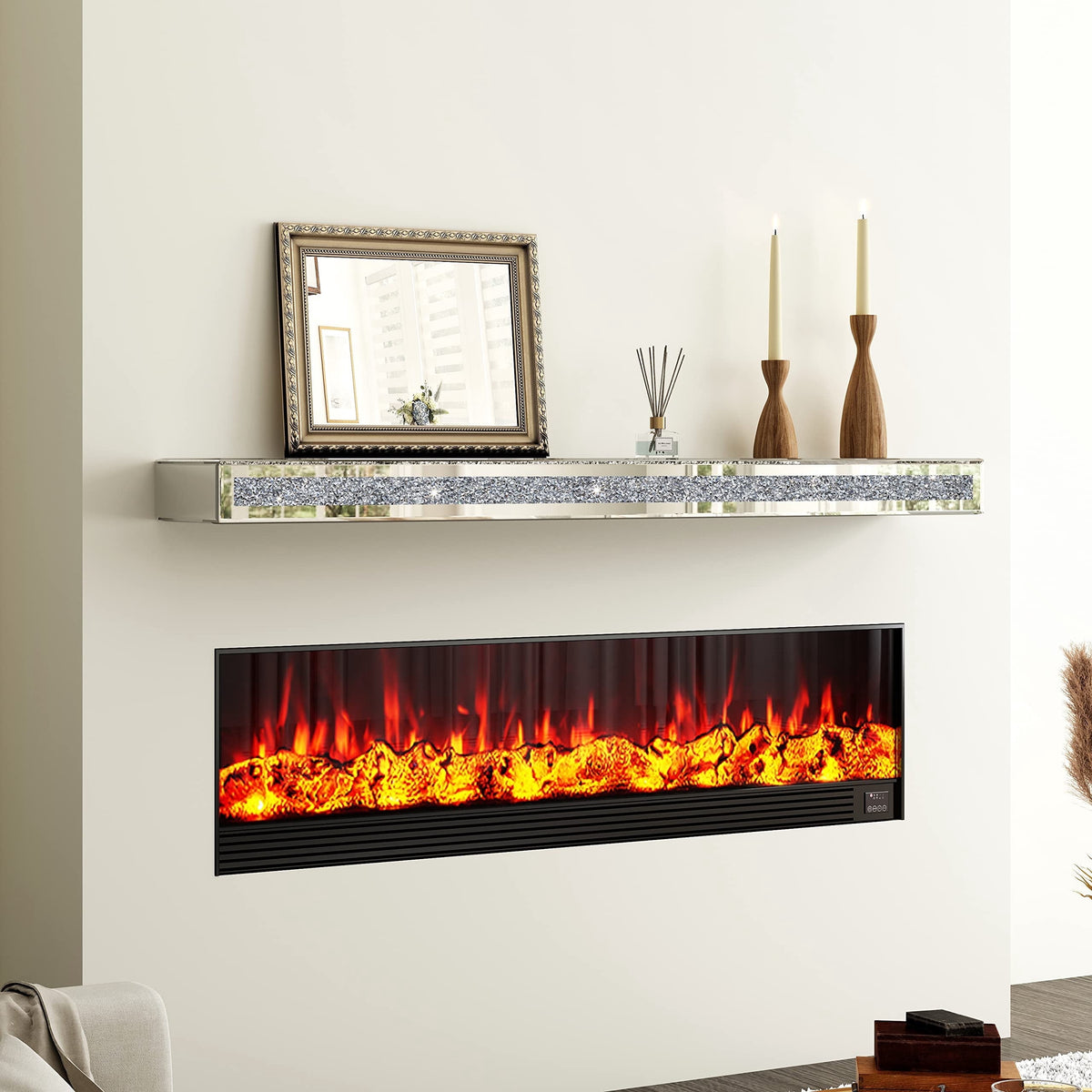 SHYFOY 48 in. Fireplace Mantel Mirrored Floating Shelf with Faux Diamond Inlay Accent Shelf for Wall Decor