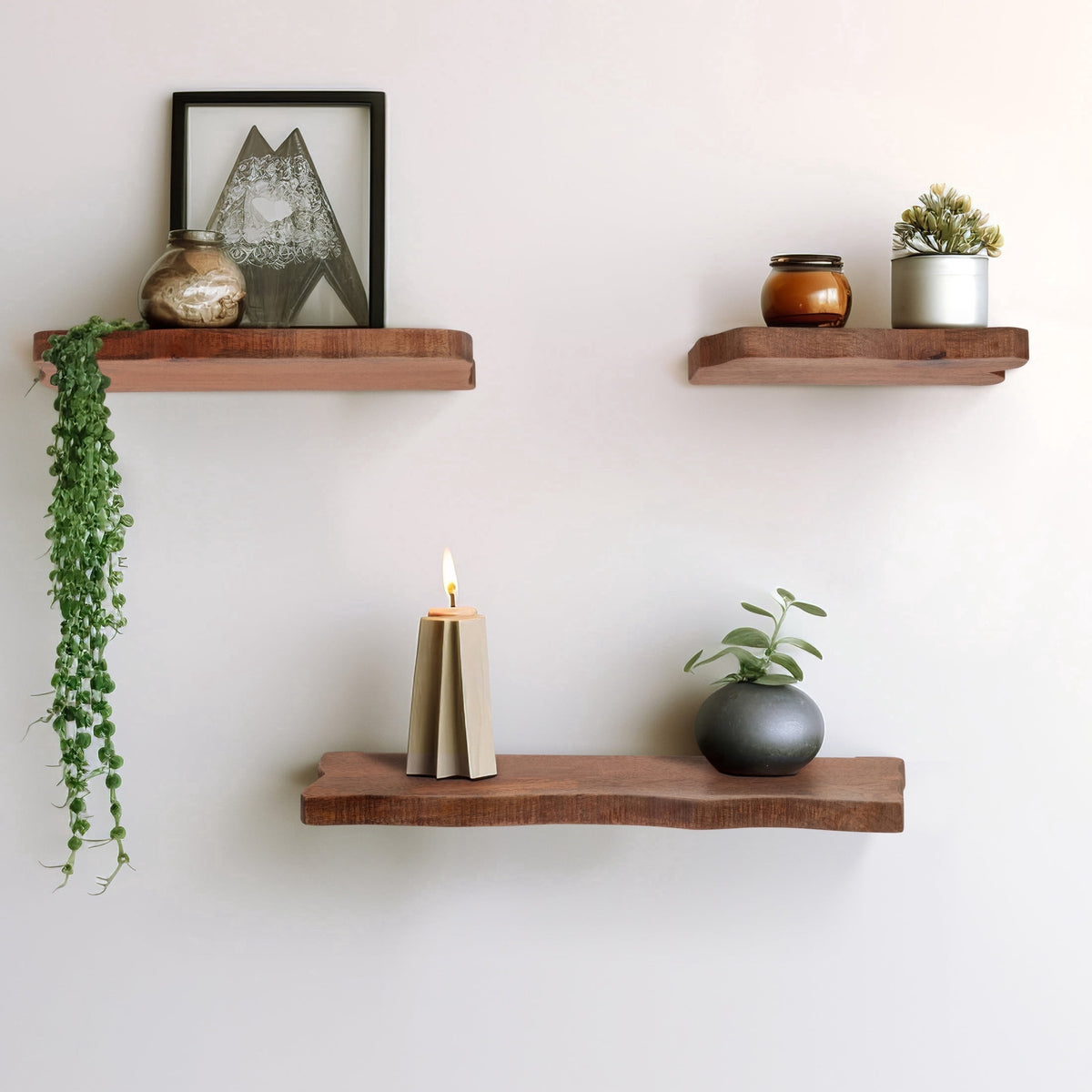 Mango Wood Floating Shelves for Living Room Decor - Modern Wall Display for Entryway - Storage Shelves for Bedroom - Set of 3, 18 in., Brown