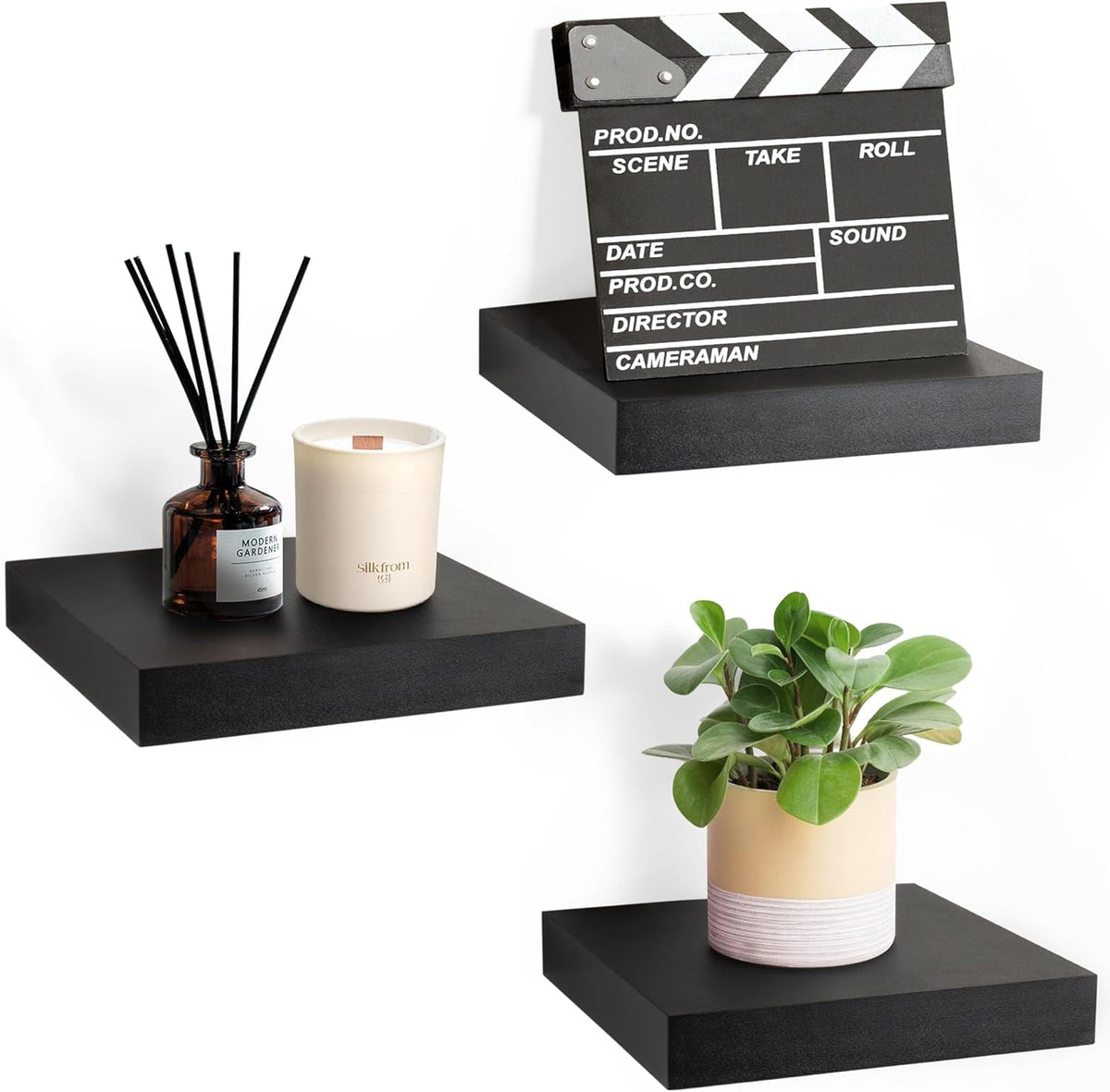 Sorbus Square Floating Shelf for Wall - 3 Small Shelves with Invisible Mounting Brackets for Living Room Decor, Bedroom, Bathroom Decor, Home & Kitchen - 9 in. Black Wall Shelf to Display Photos Trophies
