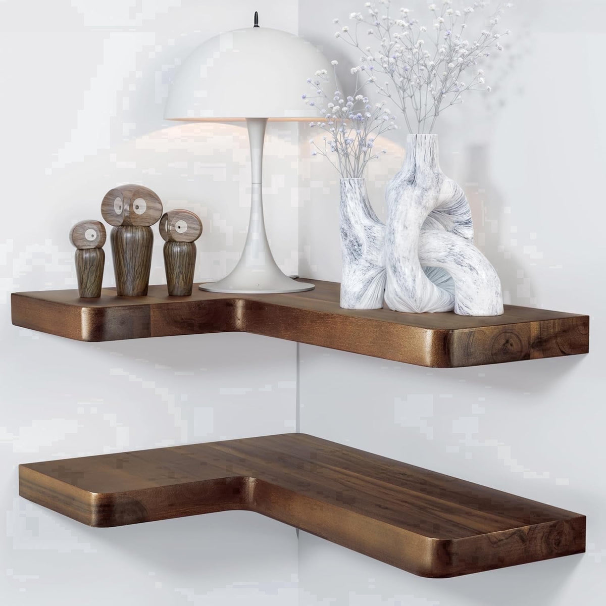 TIDITA Acacia Wood Corner Floating Shelf 17” x 12”- Corner Shelf Wall Mounted - Floating Book Shelves for Wall - Corner Shelf for Home, Kitchen - with Brackets and Hardware (Walnut Color, 17 in. x 12 in.)