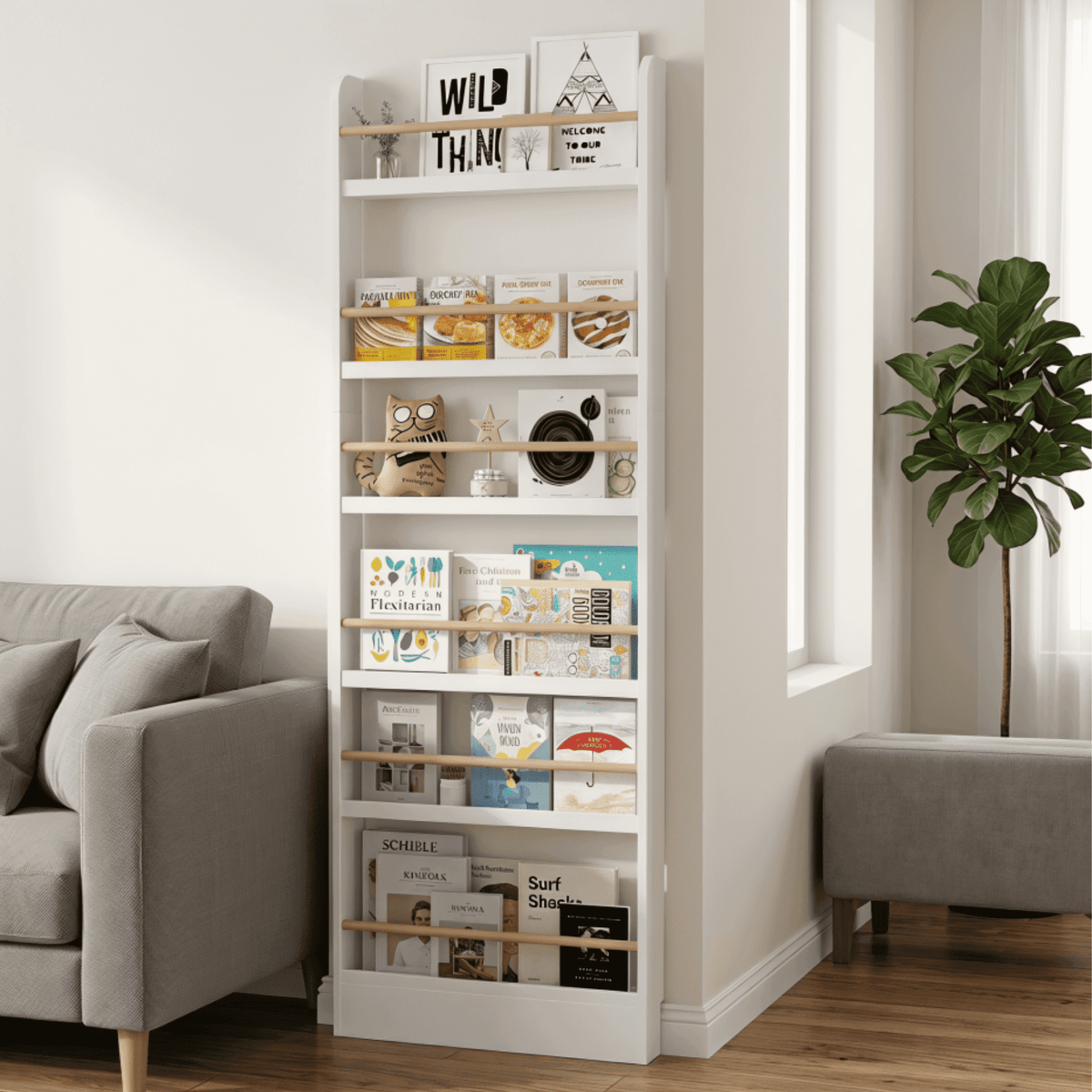 VGBYUJ 6 Tier Behind The Door Bookshelf, 70 in. Thin Narrow Bookshelf, Space Saving Wall Book Shelf Coner Bookshelf, White