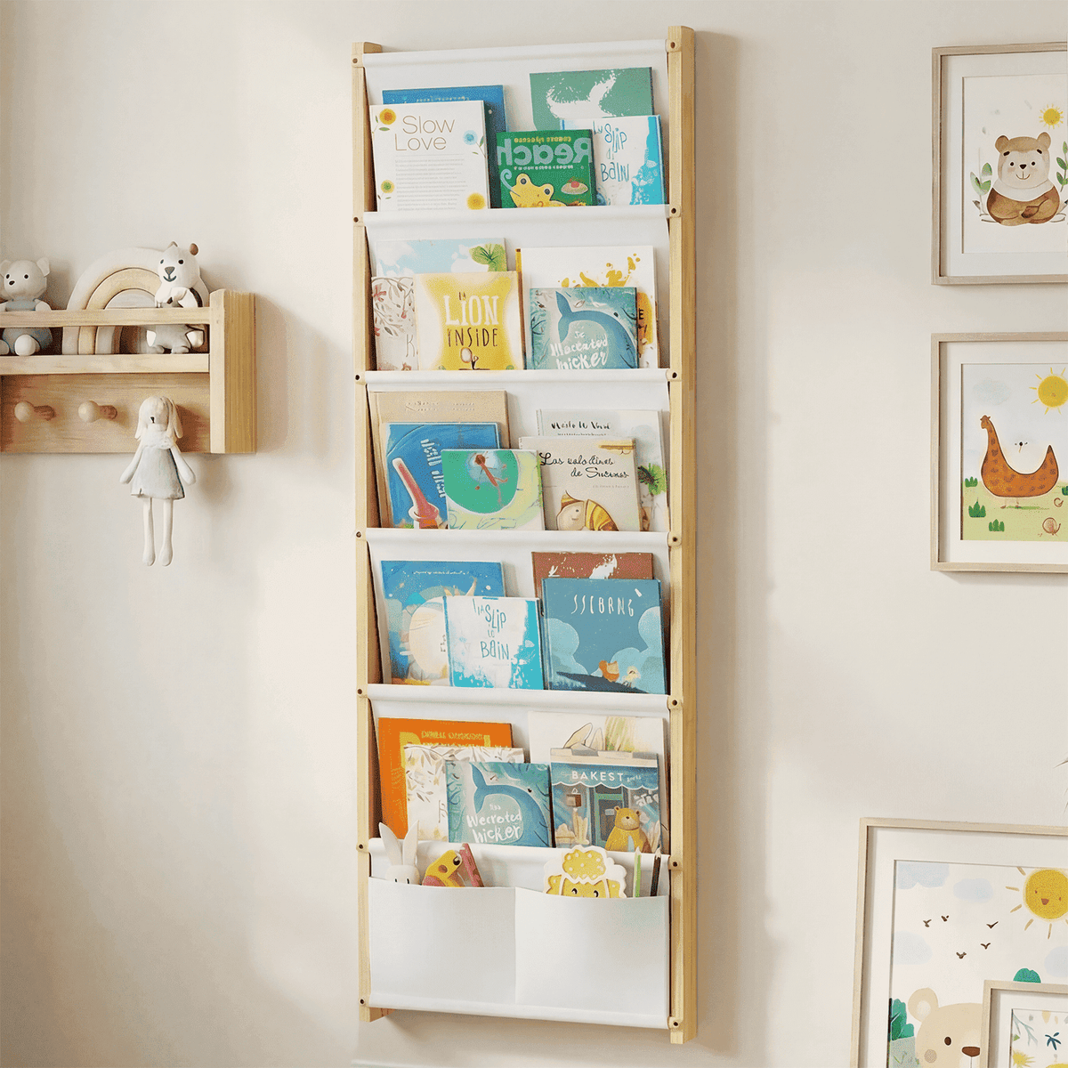 Wood 6-Tier Wall Mounted Kids Bookshelf – Floating Book Shelf For Kids Rooms,Nursery & Classroom, Hanging Bookcase Organizer For Books, Toddler Book Shelf, Montessori Bookshelf, Nursery Shelves