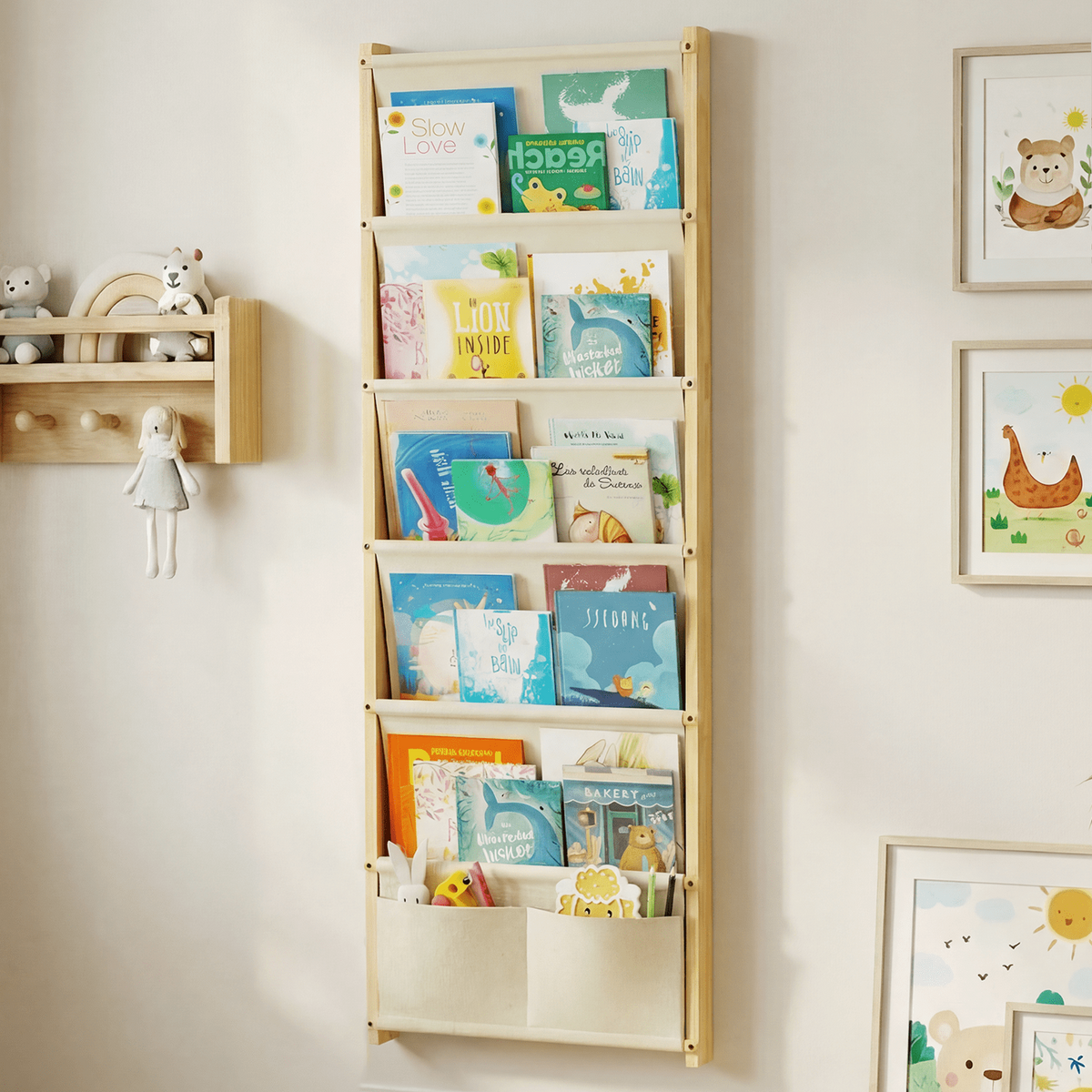 Wood 6-Tier Wall Mounted Kids Bookshelf – Floating Book Shelf For Kids Rooms,Nursery & Classroom, Hanging Bookcase Organizer For Books, Toddler Book Shelf, Montessori Bookshelf, Nursery Shelves