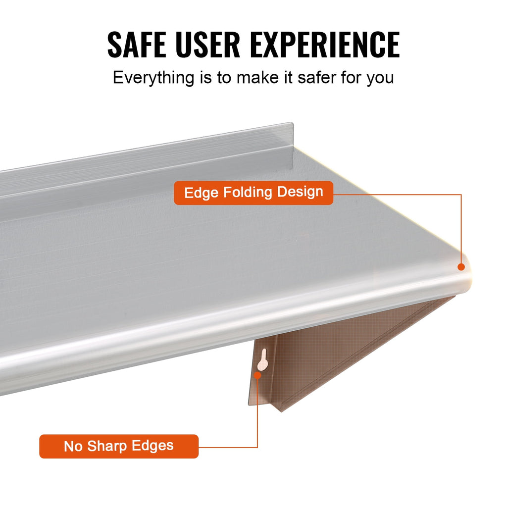 VEVOR 12 in. x 36 in. Stainless Steel Shelf, Wall Mounted Floating Shelving with Brackets, 250 lbs Load Capacity Commercial Shelves, Heavy Duty Storage Rack for Restaurant, Kitchen, Bar, Home, and Hotel