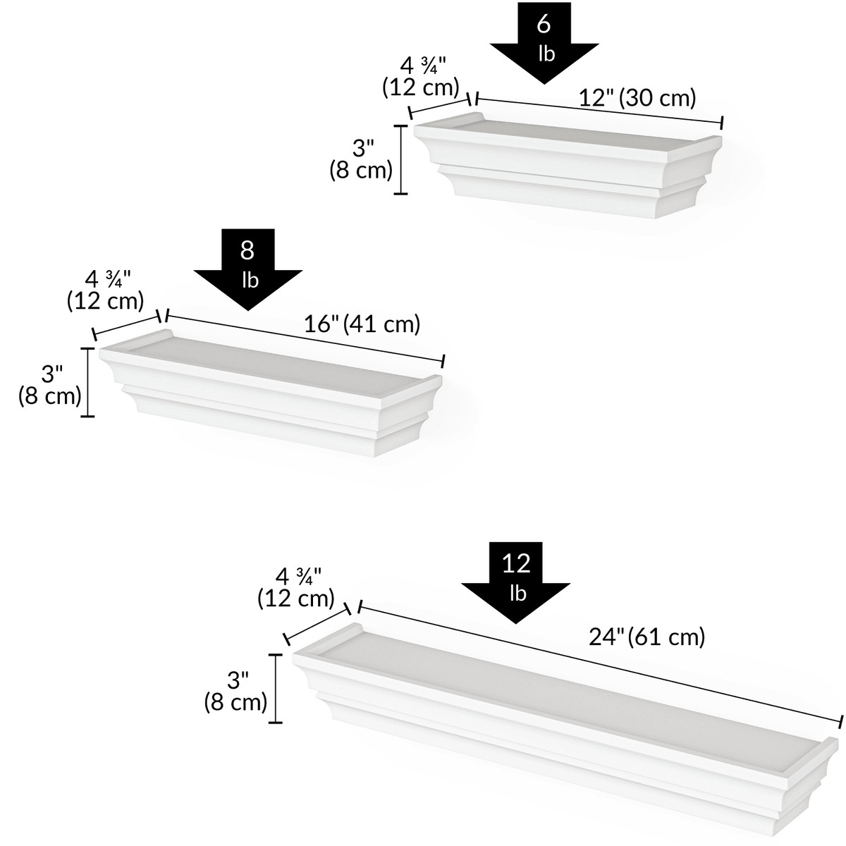 Ballucci Victorian Wall Ledge and Shelf, Wood Floating Wall Shelves Set, 12 in., 16 in., 24 in., Set of 3, White