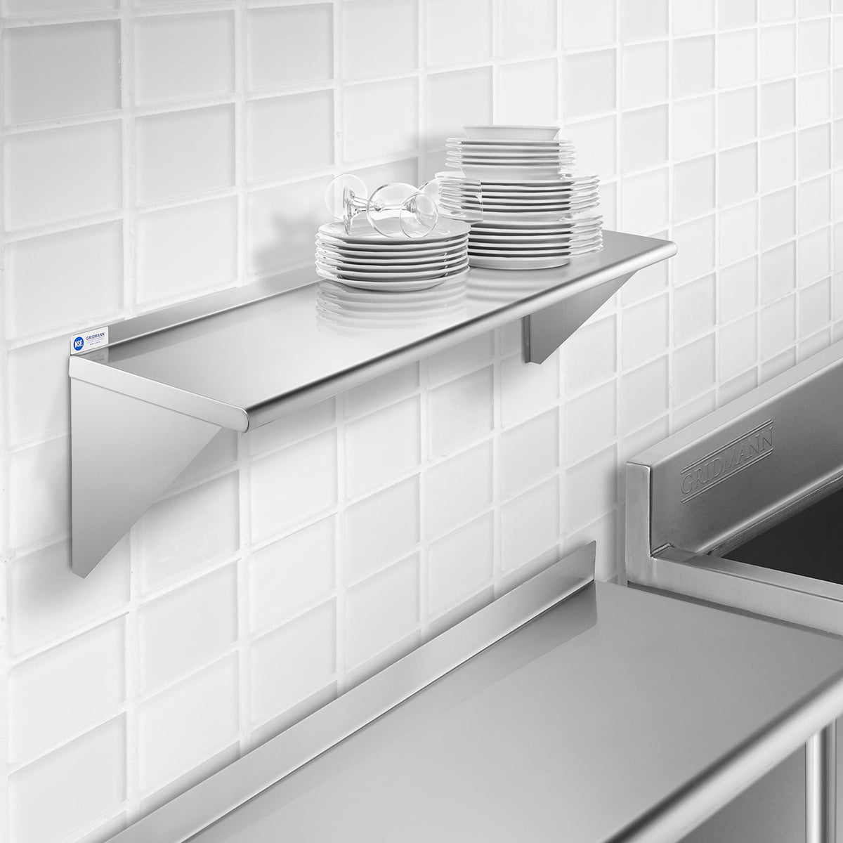 GRIDMANN 14 in. x 48 in. NSF Stainless Steel Kitchen Wall Mount Shelf w/ Backsplash