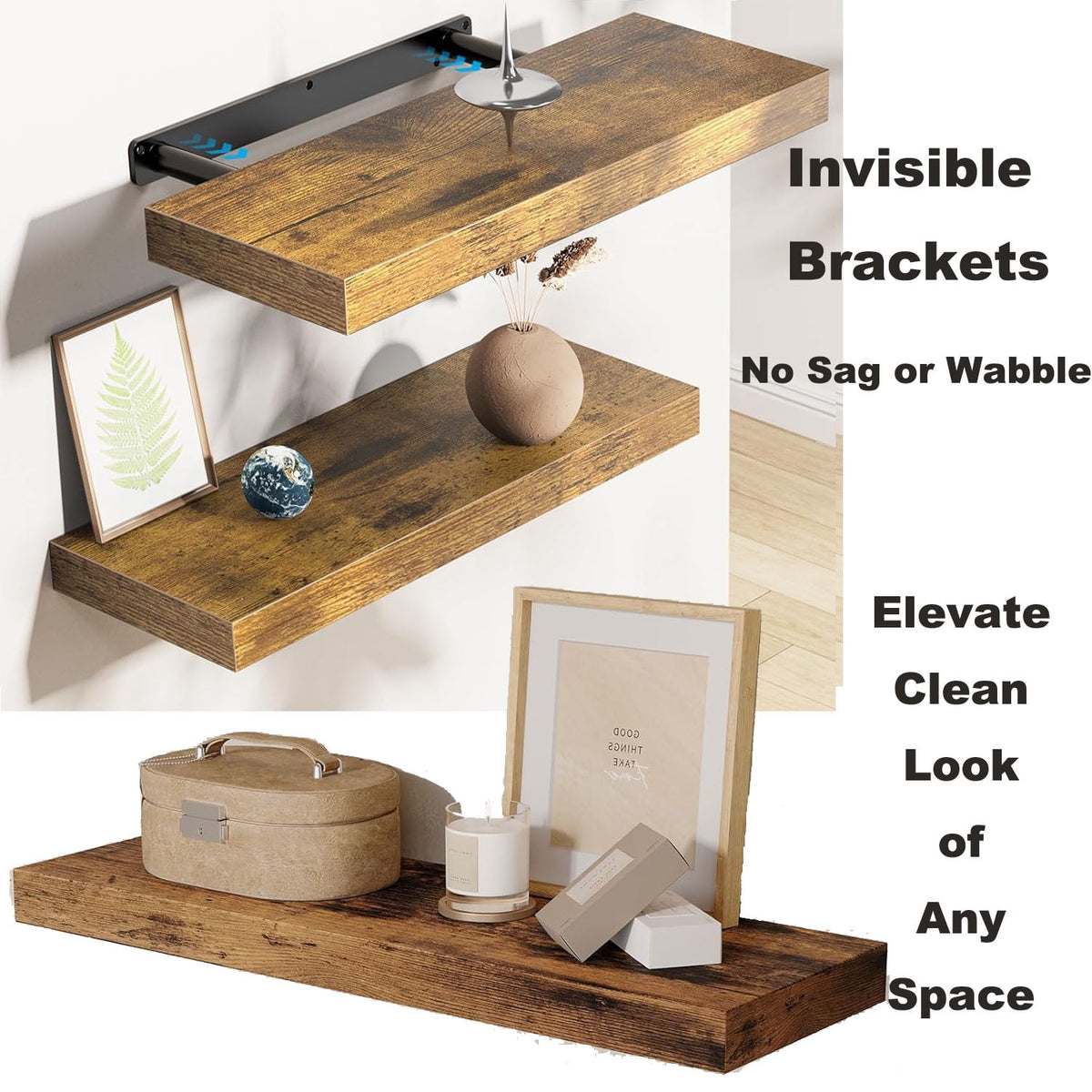 Floating Shelves for Wall, 16 in. TABGIME Wood Hanging Shelves, Holds 16.8lbs, Space-Saving for Bathroom Bedroom Kitchen(Brown, Set of 3)
