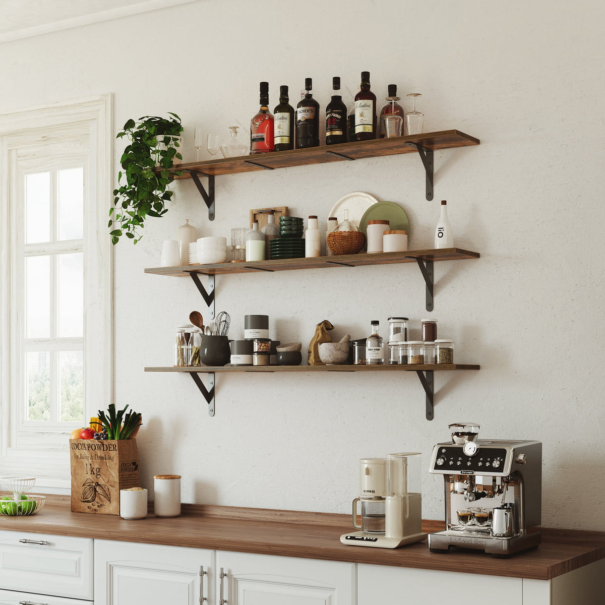 Farmhouse 48 in.W x 8 in.D Brown Floating Shelves Set of 3,Wood Book Shelves for Decor