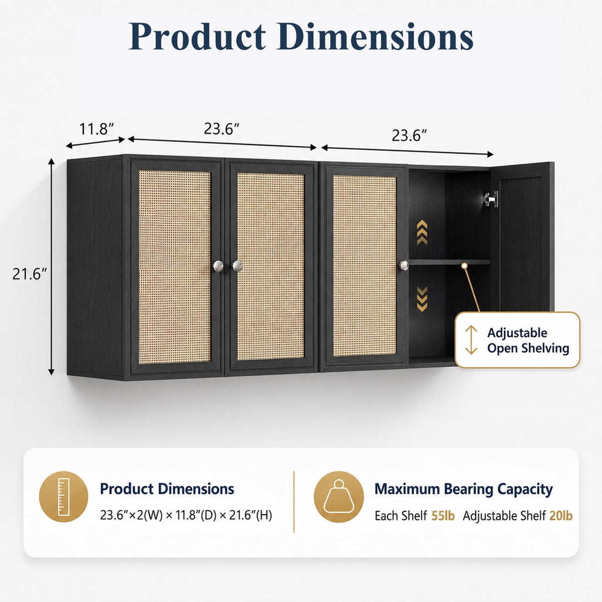 24 in.W Rattan Laundry Room Cabinets with Lights, Bathroom Cabinets Wall Mounted with Adjustable Shelves, Wall Cabinet for Bathroom/Kitchen/Bedroom (2PCS, Black)