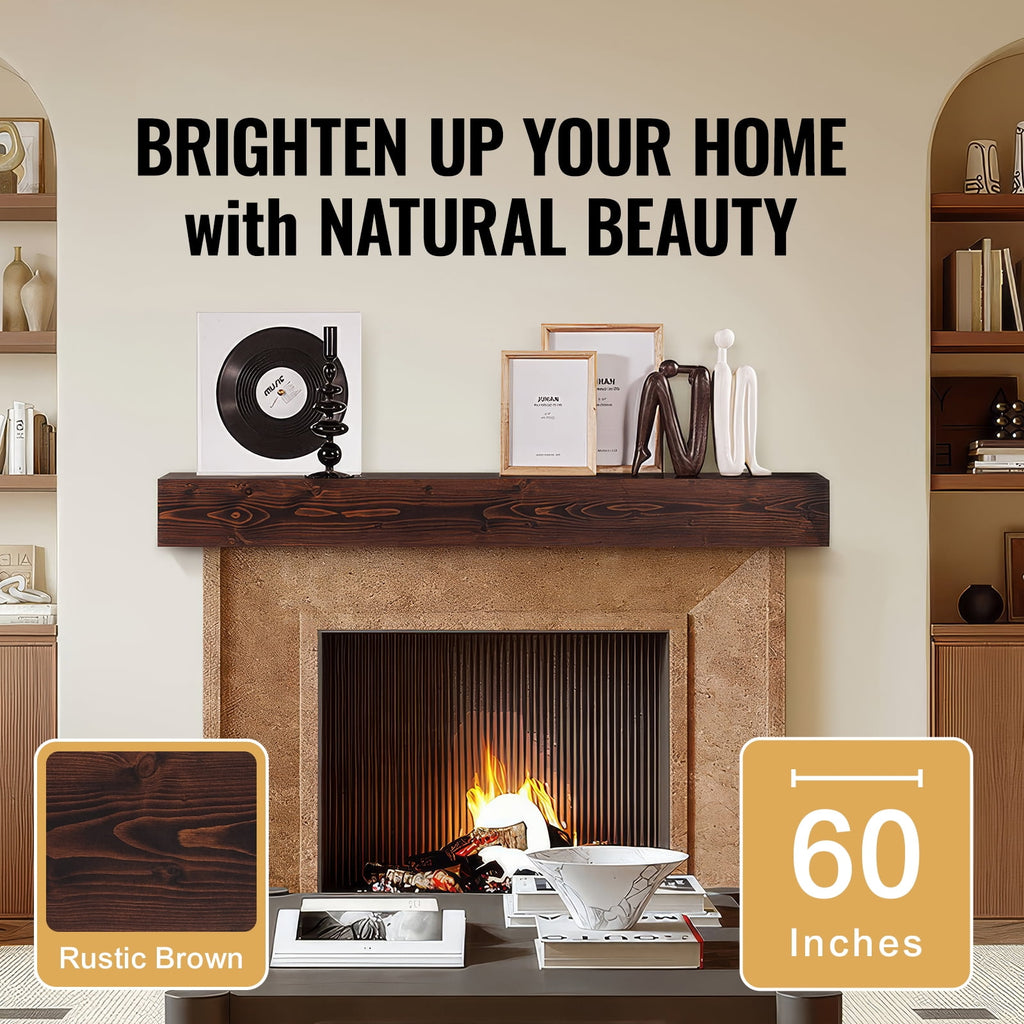 KFFKFF Wooden Fireplace Mantel, 60 in. x 8 in. x 6 in., 50 lbs Load Capacity, Natural Wood Shelf for Fireplace or Wall, Wall-Mounted Floating Farmhouse Design, Handcrafted Rustic Brown Mantel for Home Decor