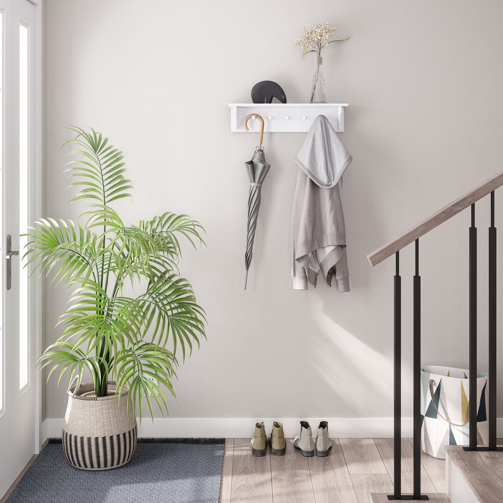 Ballucci Wall Coat Rack Shelf, Entryway Floating Shelf Rack, 5 Pegs, 24 in., White