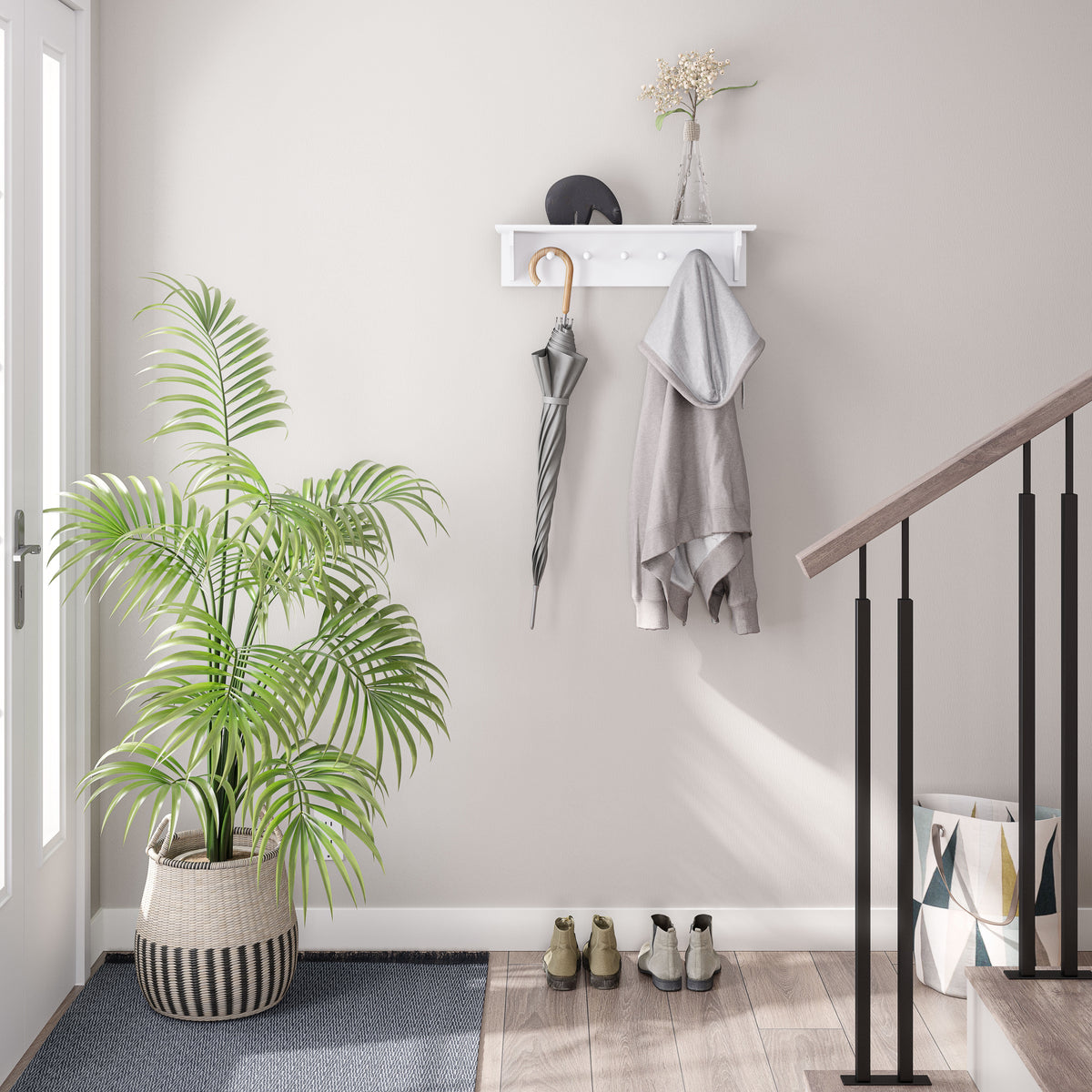 Ballucci Wall Coat Rack Shelf, Entryway Floating Shelf Rack, 5 Pegs, 24 in., White