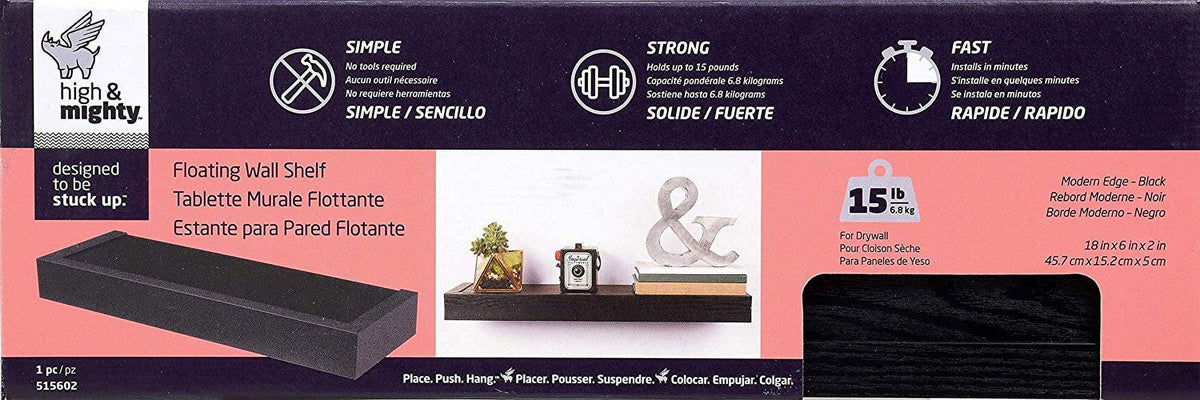 'HIGH & MIGHTY 515602, Tool Free Floating Shelf, 15 LB Limit, 18 in., Black'
