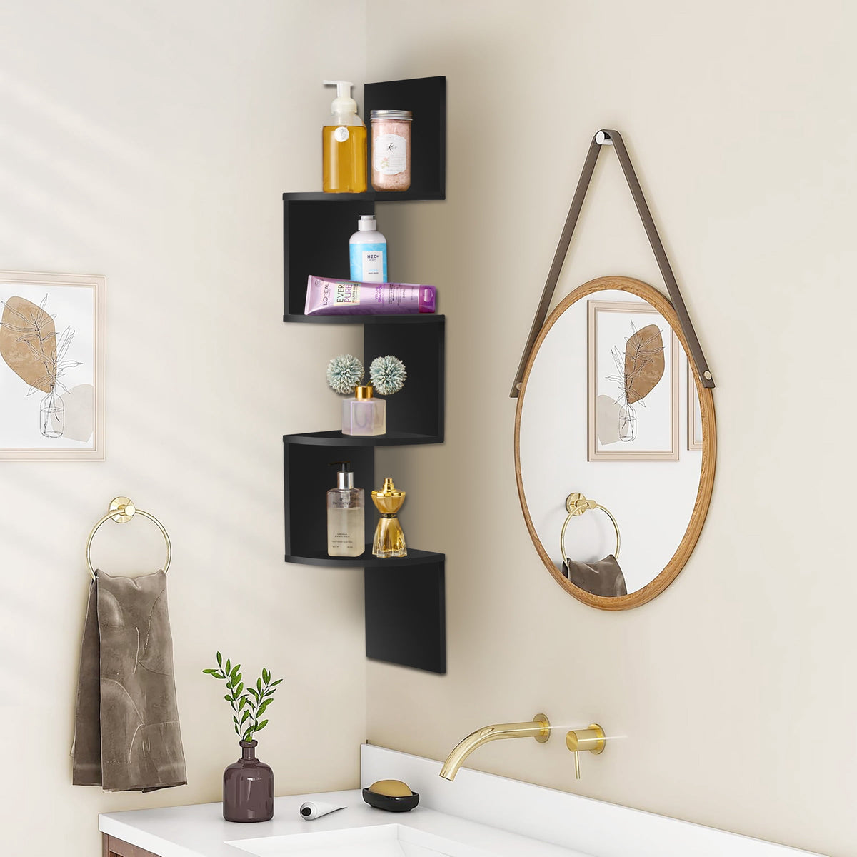 Sorbus 5-Tier Floating Corner Wall Shelf, Zigzag Bookshelf, Space-Saving Storage, Black