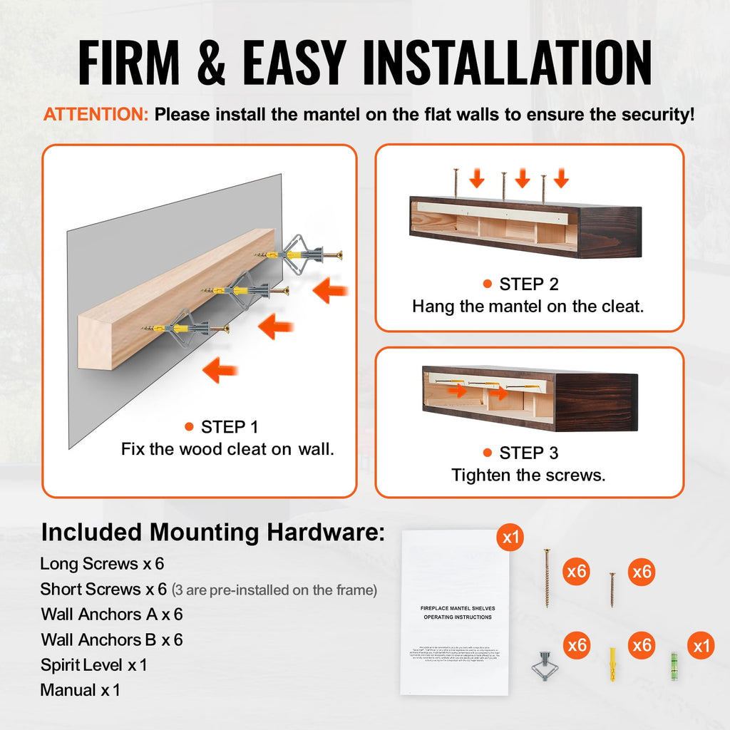 KFFKFF Wooden Fireplace Mantel, 60 in. x 8 in. x 6 in., 50 lbs Load Capacity, Natural Wood Shelf for Fireplace or Wall, Wall-Mounted Floating Farmhouse Design, Handcrafted Rustic Brown Mantel for Home Decor