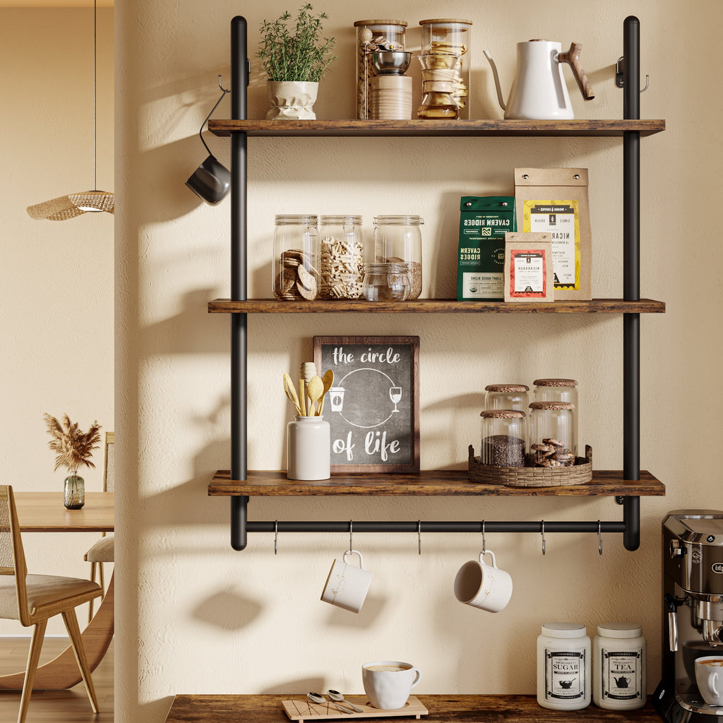 Bestier 31 in. Kitchen Wall Shelves 3-Tier Floating Shelves for Bathroom, Bedroom, Rustic Brown