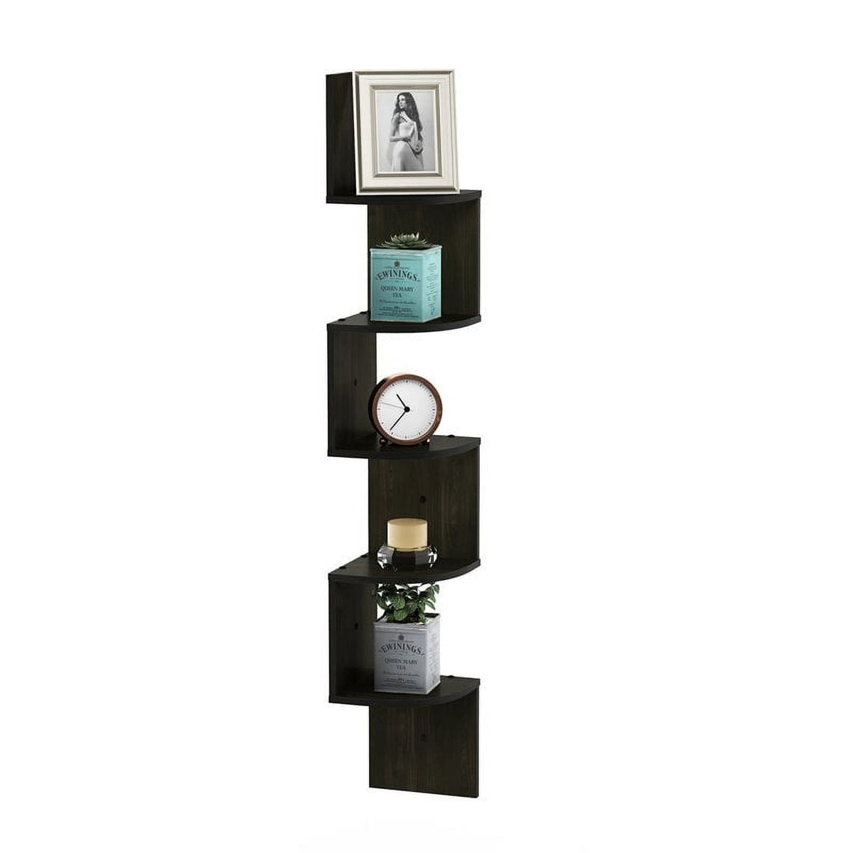 Furinno FR16122EX 5 Tier Wall Mount Floating Radial Corner Shelf, Espresso
