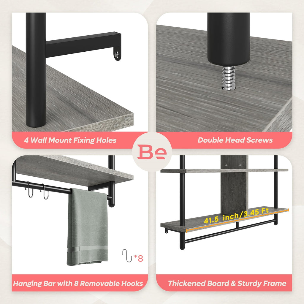 Bestier 41 in. Industrial Pipe Shelves Wall Mount, 3-Tier Floating Shelves for Kitchen Bedroom Bathroom in Grey