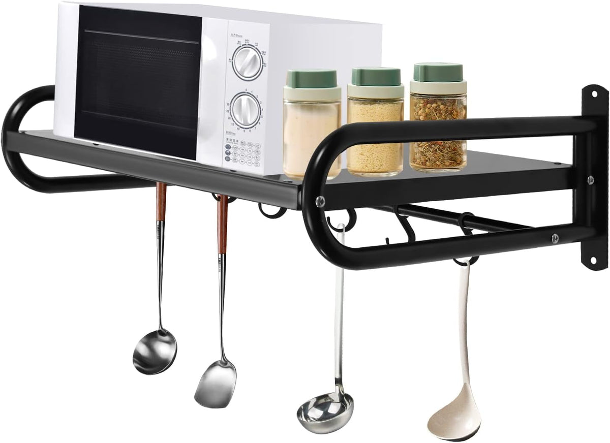 Miumaeov 20 x 15'' Carbon Steel Wall Shelf with 6 Hooks Wall Mounted Rack for Microwave or Household Grade Wall Mount Shelf with Fixing Kit Multifunctional Floating Shelves (Black)