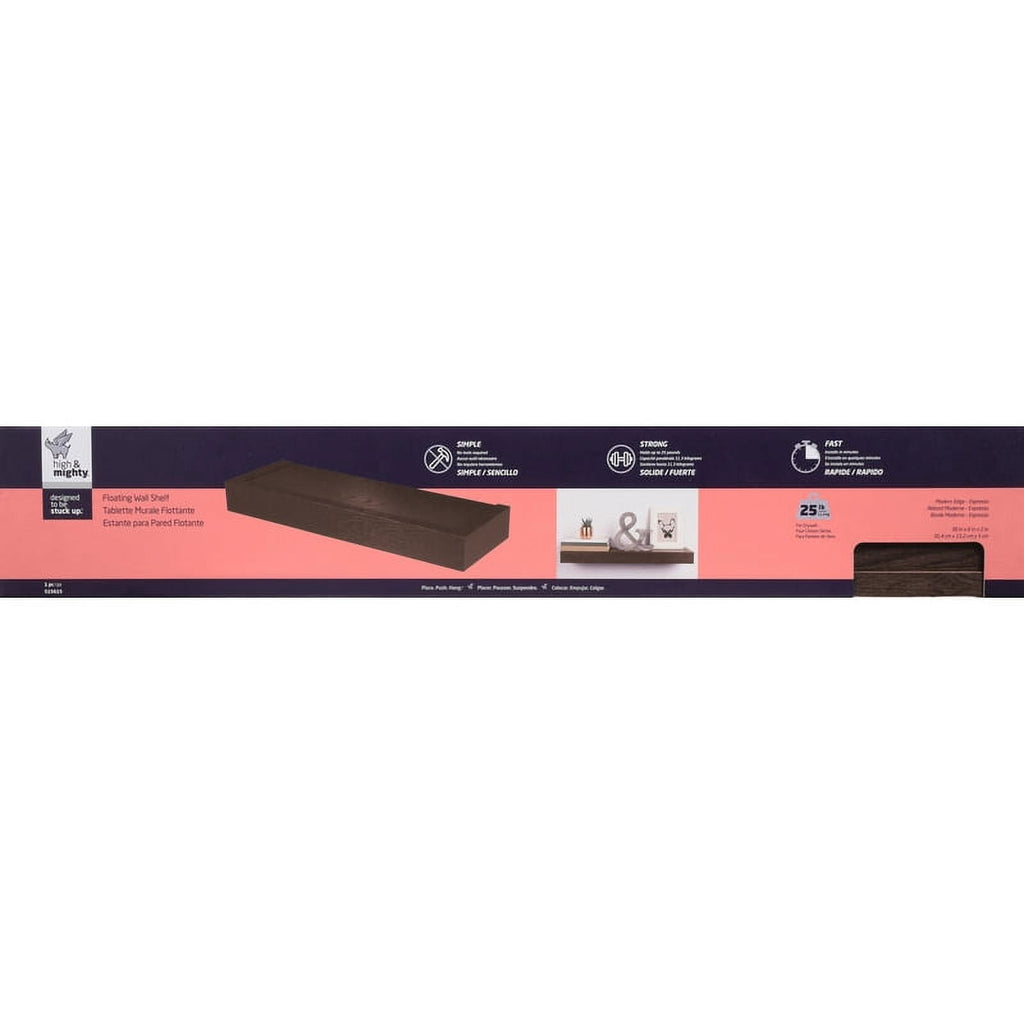HIGH & MIGHTY Modern 36 in. Floating Shelf Holds up to 25lbs, Easy Tool-Free Dry Wall Installation, Flat, eCommerce Packaging, Espresso